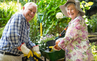 Senior man and woman smiling and gardening outside