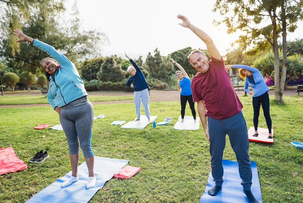 A group of seniors exercising at the independent living in Oceanside, CA